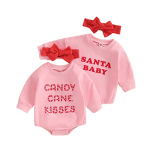 Load image into Gallery viewer, Pink Holiday Bubble Romper + Bow Set - Multiple Styles
