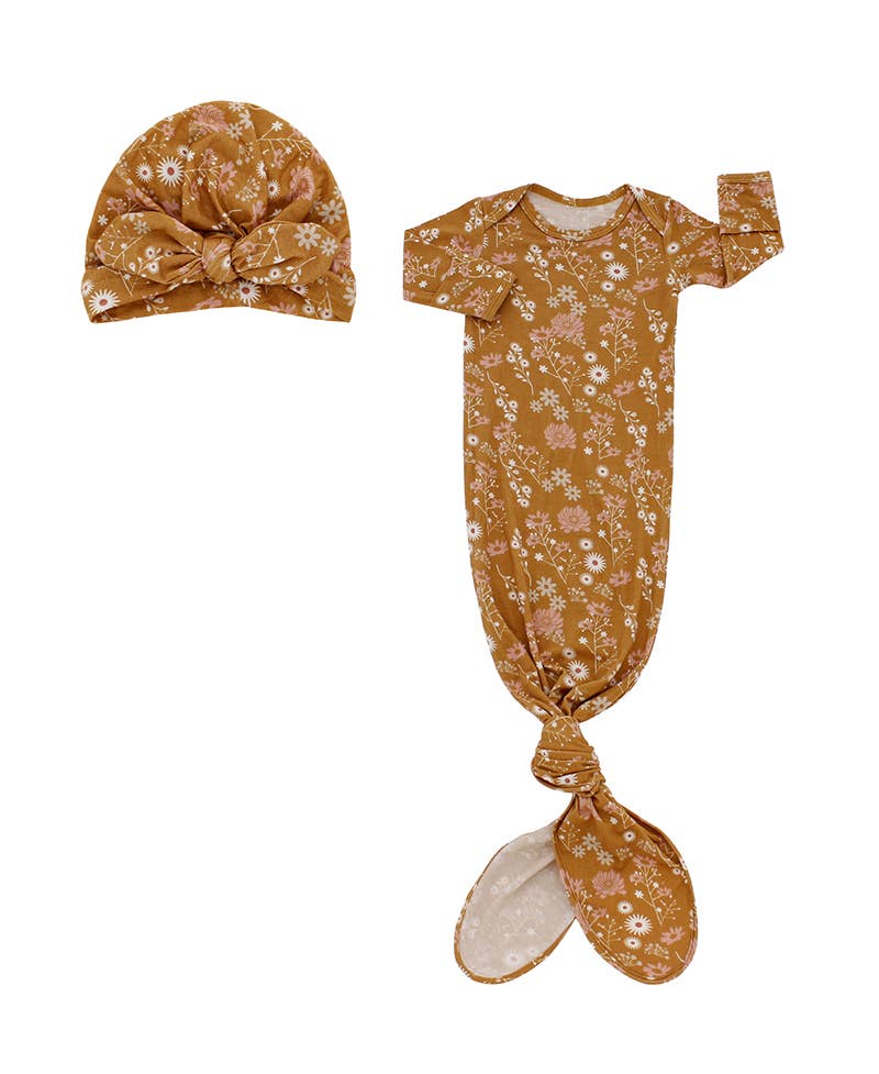 Mustard Floral Bamboo Gown and Hat Newborn Baby Gift Set - Emerson & Friends